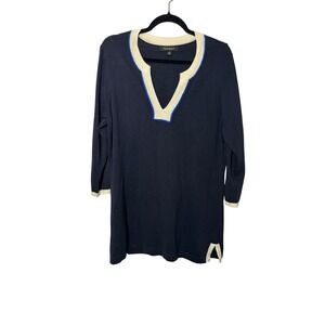 Foxcroft Women Tunic Sweater L Navy Blue Cotton Linen Split Neck Preppy Coastal